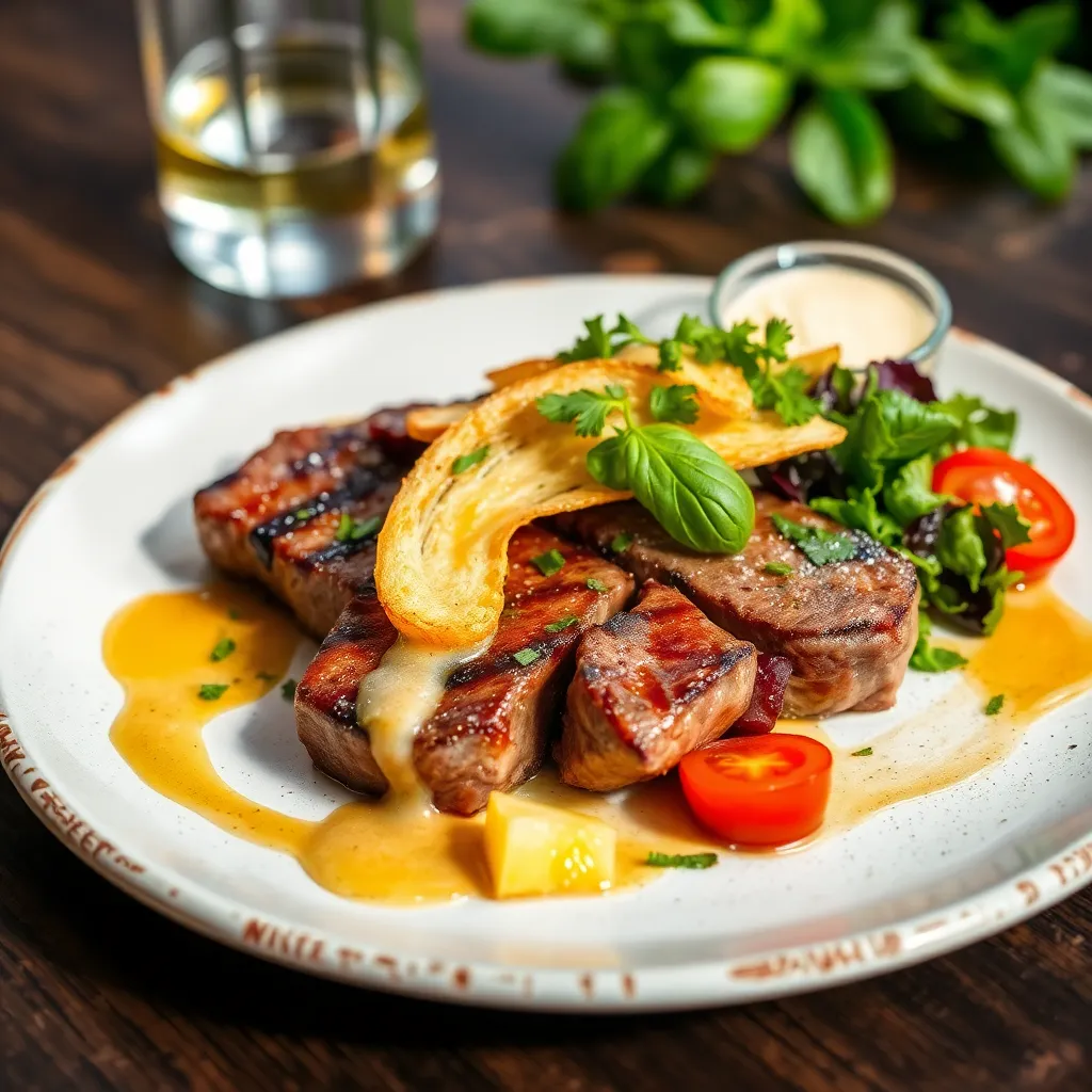 Recept - Bravčový steak s volským okom a slaninovým chipsom, pečené zemiaky, cesnakový dressing