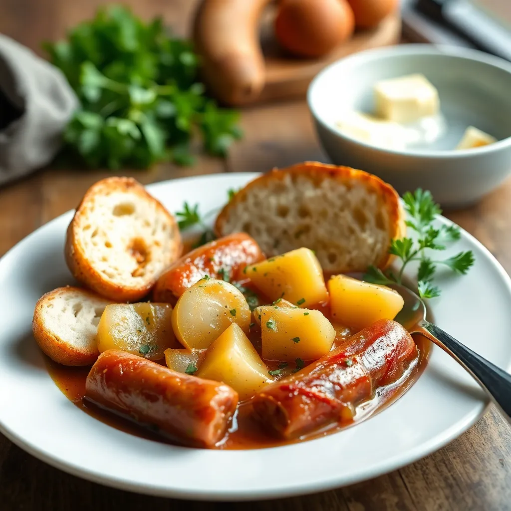 Recept - Zemiakový prívarok, s pečená klobása a chlieb 130g/150g