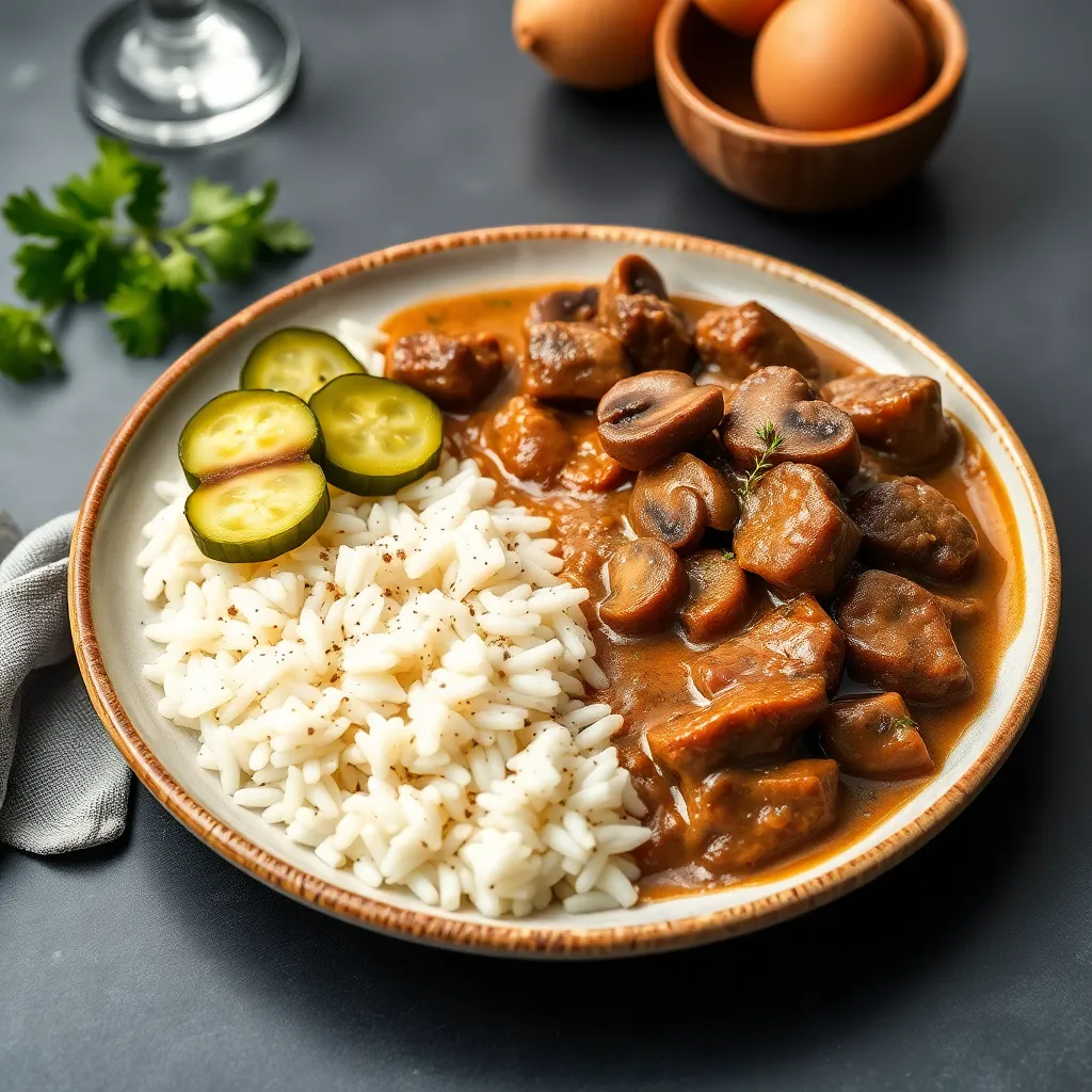 Recept - Hovädzie na hubách, s slovenská ryža a kysla uhorka (1,3) 130g/150g