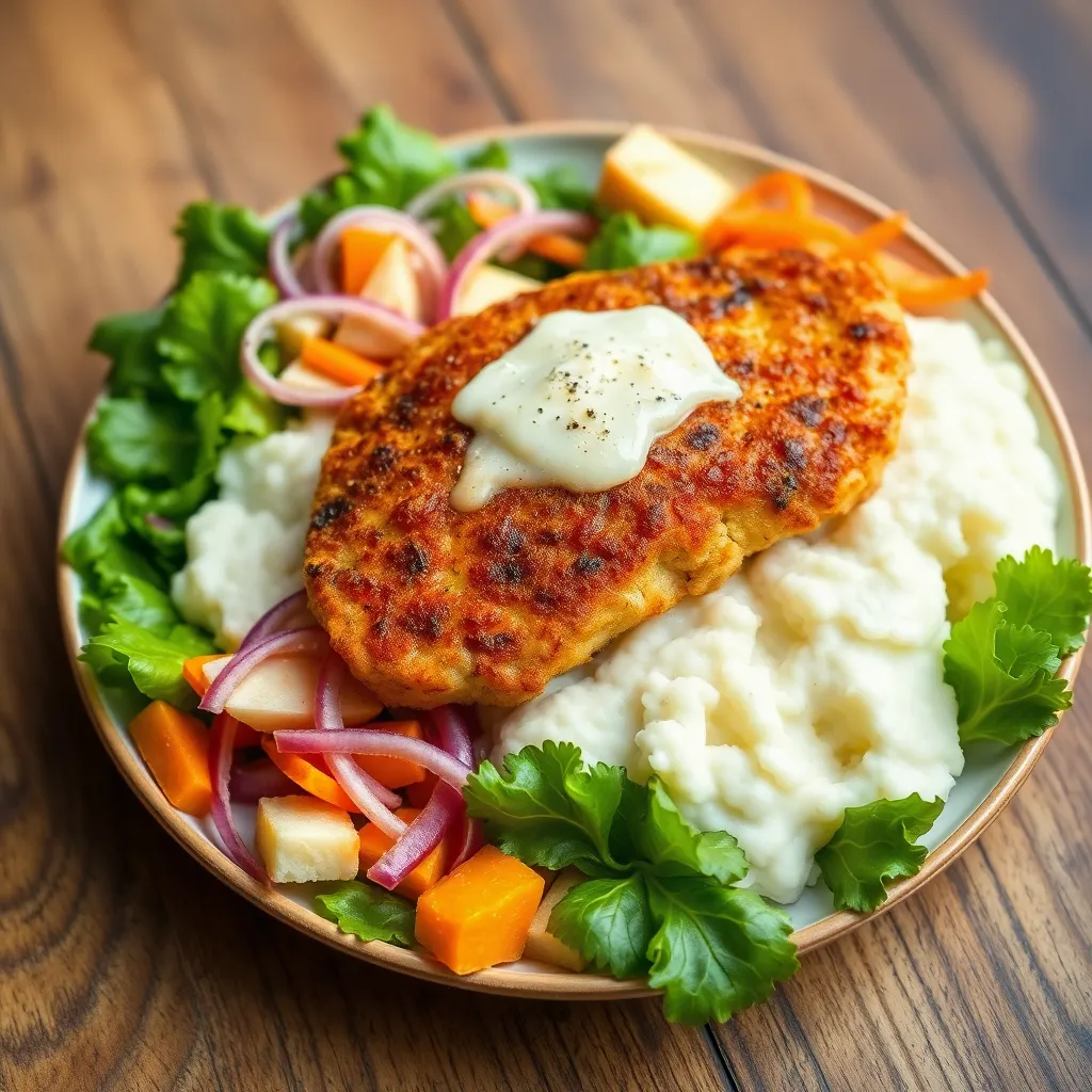 Recept - Kurací Černohorský rezeň posypaný syrom so zemiakovou kašou a kapustovo mrkvovým šalátom v sladko kyslom náleve