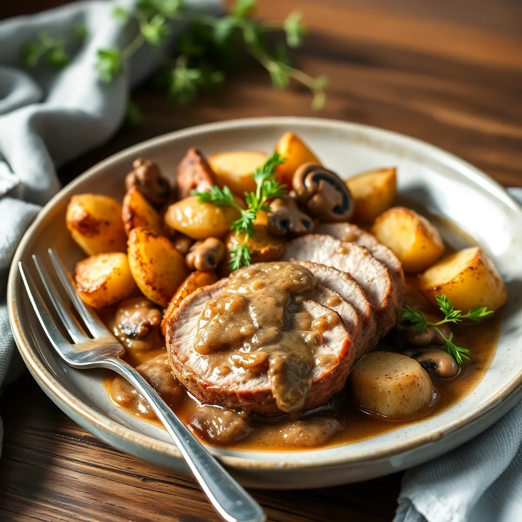 Recept - Marinované bravčové karé s pečenými zemiakmi a dubákovou omáčkou (7)130g/150g