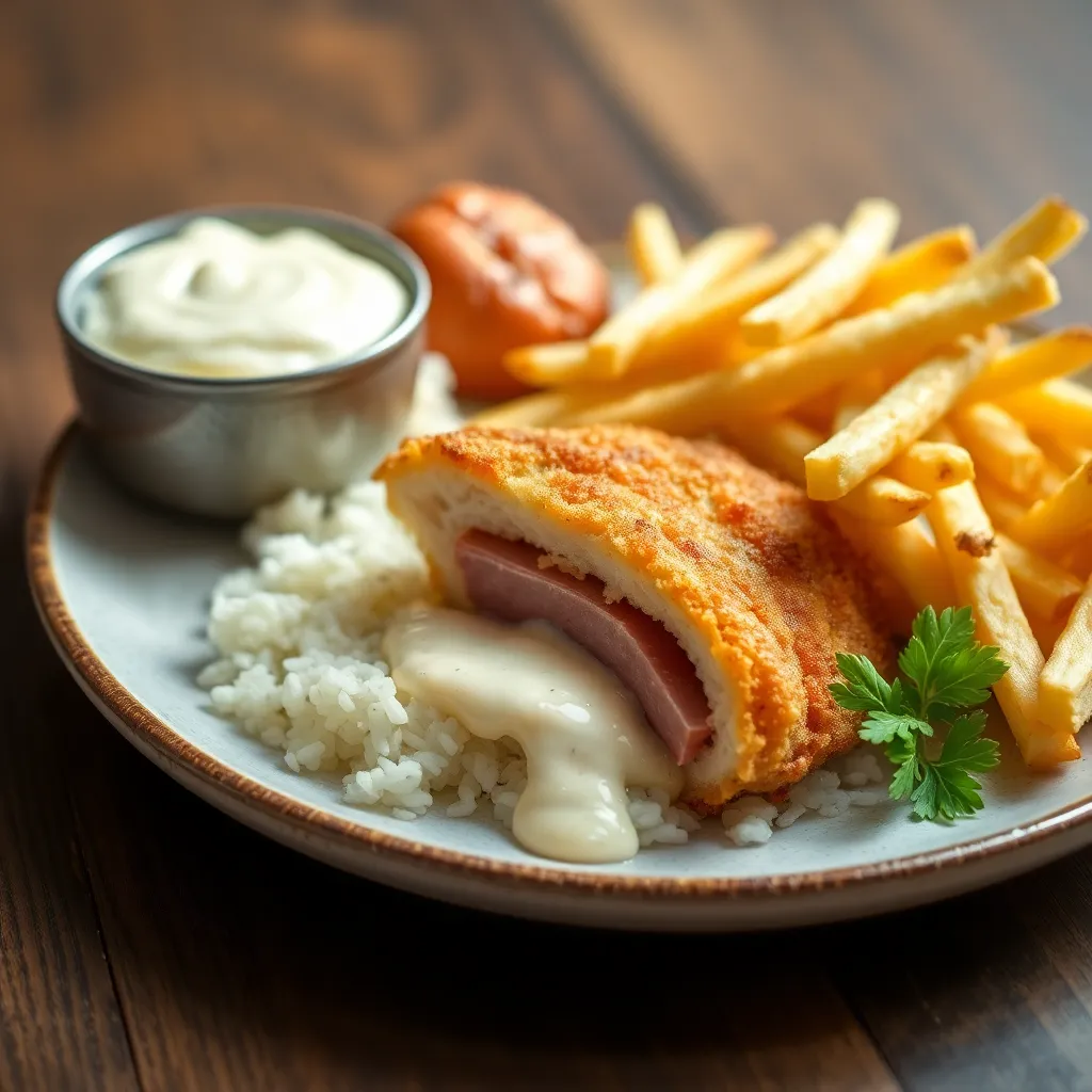 Recept - Vyprážaný kurací rezeň plnený šunkou a enciánom, 1/2 ryža, 1/2 hranolky, domáca tatárska omáčka