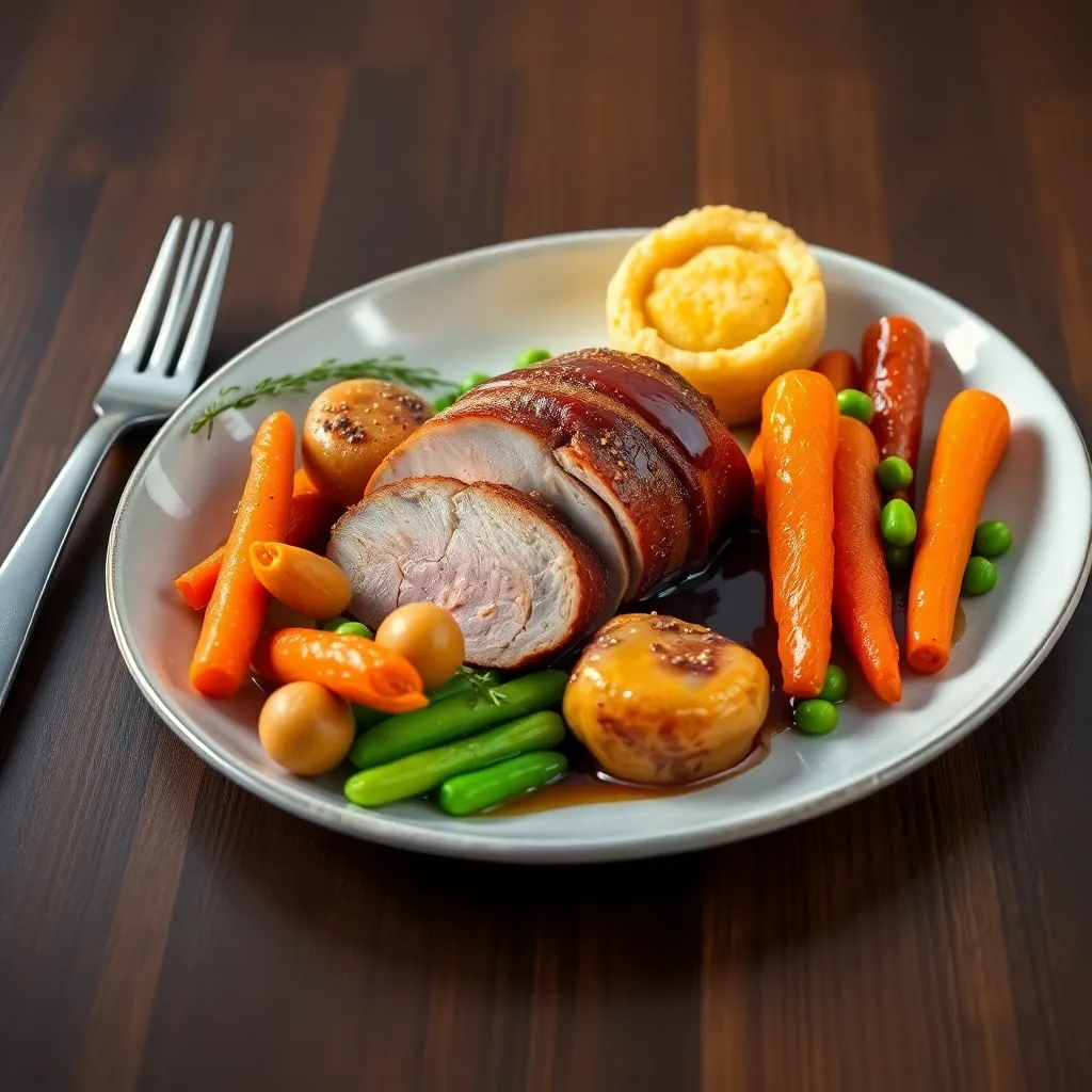 Recept - Francúzska kačacia roláda, pečené zemiaky, mrkva pečená s medom, hrášok, yorkshirský puding a demi-glace (1,3,7) 120g/150g