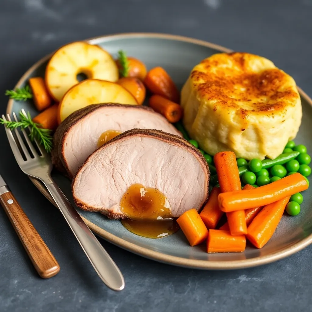 Recept - Pečené bravčové karé s grilovaným jablkom, pečené zemiaky, mrkva pečená s medom, hrášok, yorkshirský puding, a demi-glace (1,3,7) 120g/150g