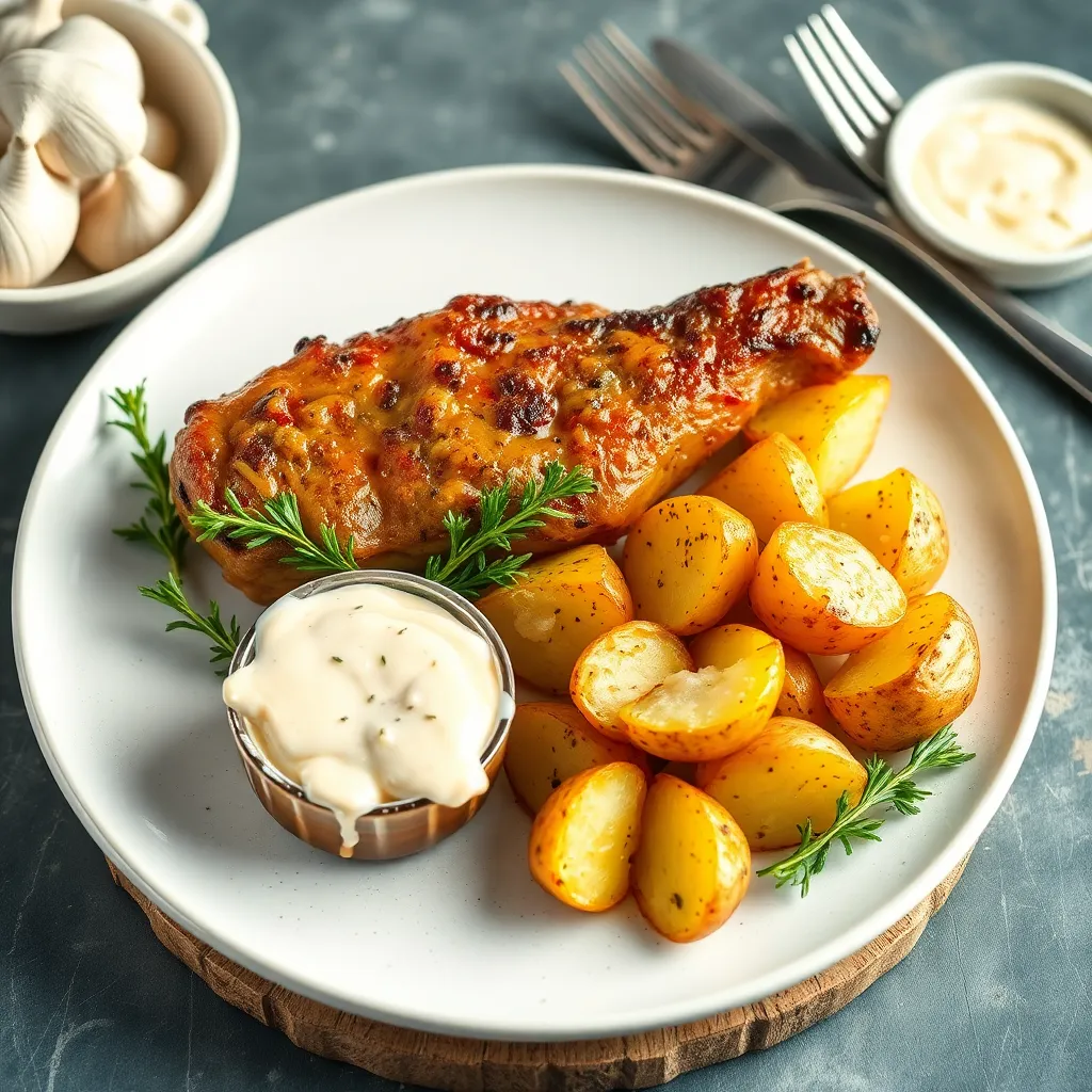 Recept - Marinovaná krkovička s opekanými zemiakmi a cesnakovým dresingom