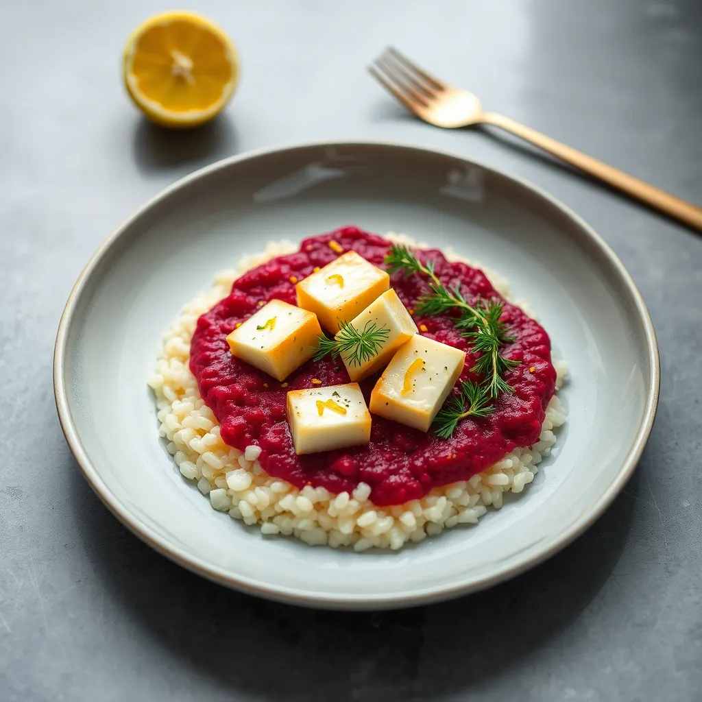 Recept - Arborio rizoto, s cviklovým pyré, údené tofu, posypané citrónovou kôrou a čerstvým kôprom (7) 350g