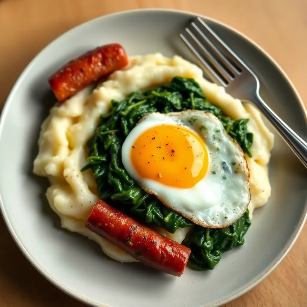 Recept - Špenát s volským okom a špekačkou, zemiaková kaša