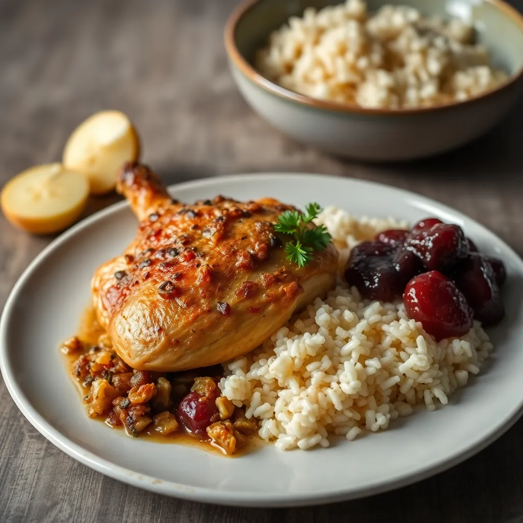 Recept - ¼ Pečeného kuracieho stehna so domácou plnkou a jazmín.ryžou, kompót
