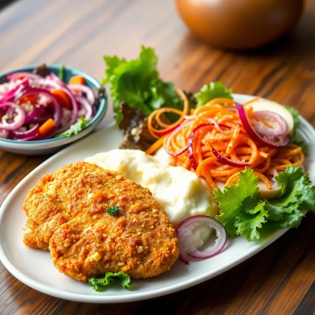 Recept - Kurací rezeň XXL v šunkovo syrovom cestíčku so zemiakovou kašou s maslom a kapustovo mrkvovým šalátom v sladko kyslom náleve