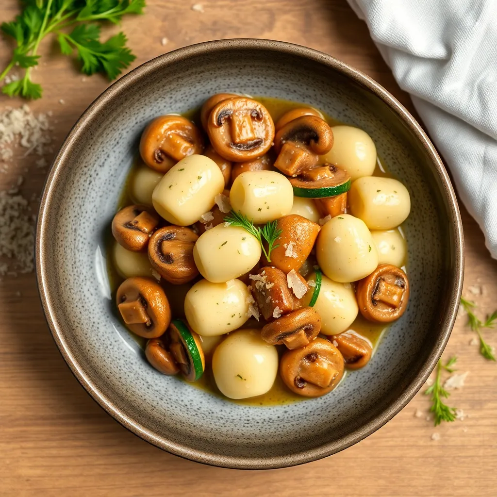 Recept - Gnocchi na dubákovej omáčke s cuketou, šampiónmi a br. mäsom (1,3,7) 350G