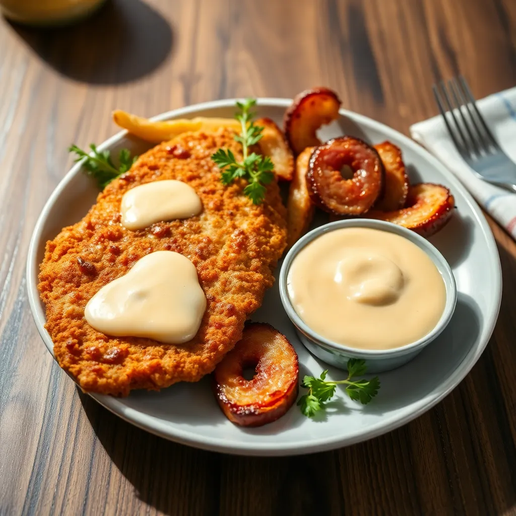 Recept - Vyprážaný bravčový rezeň plnený salámou a cheddarom s pečenými zemiakmi a domácou tatárskou omáčkou