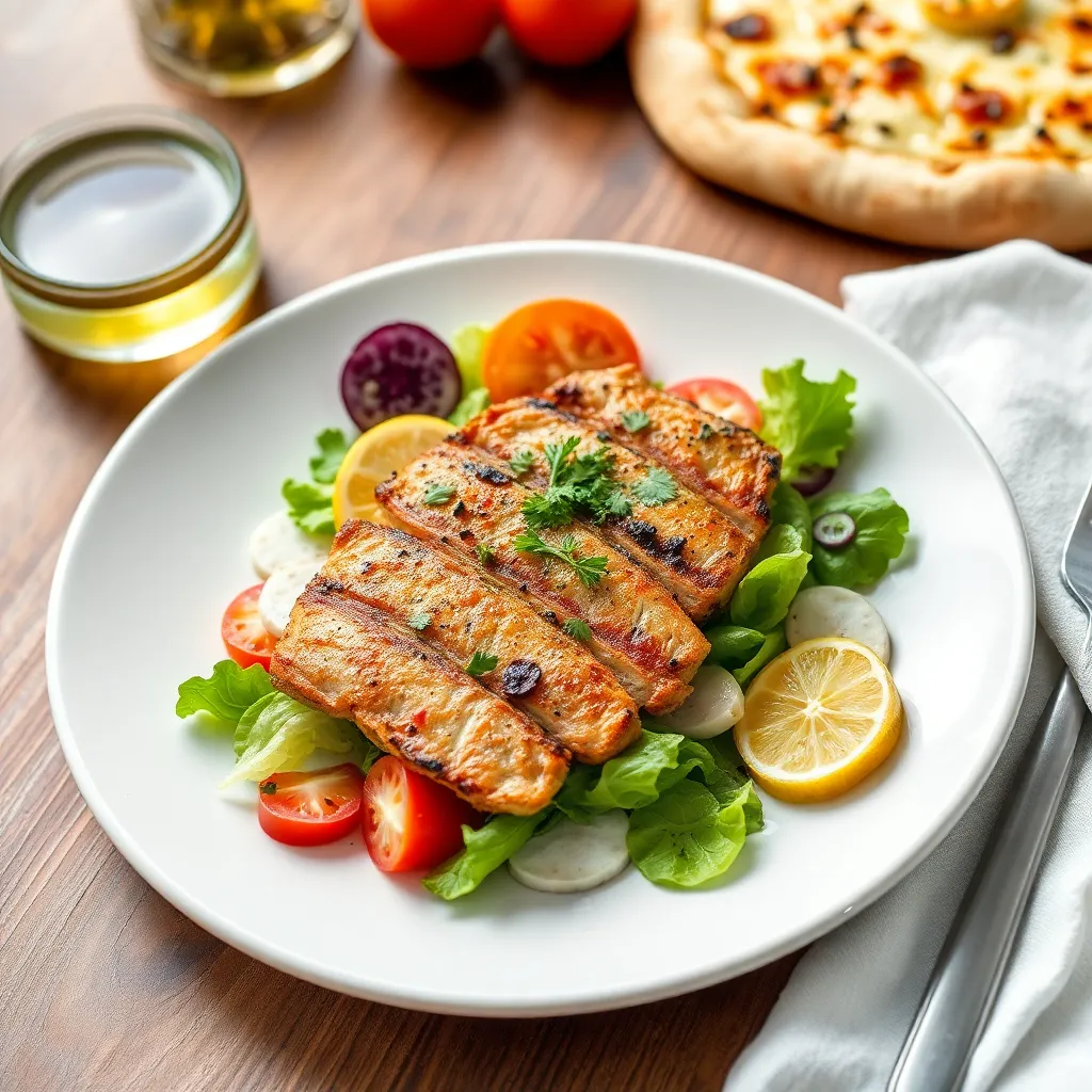 Recept - Listový šalát s kuracím steakom, nakladanou červenou cibuľkou a grilovaným jablkom, vinaigrette dressing, pizza chlieb