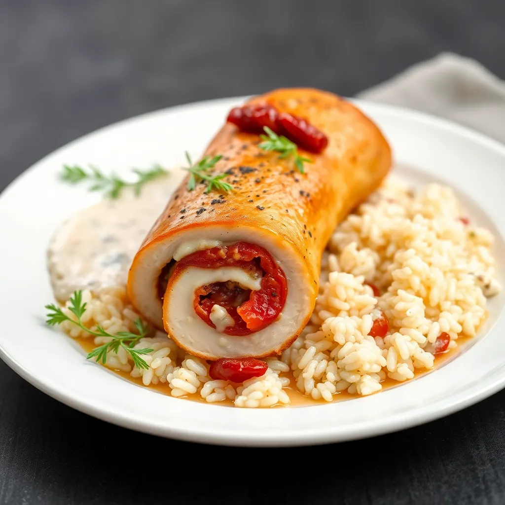 Recept - Kurací závitok s prosciutom a sušenými rajčinami, ryža, prírodná omáčka