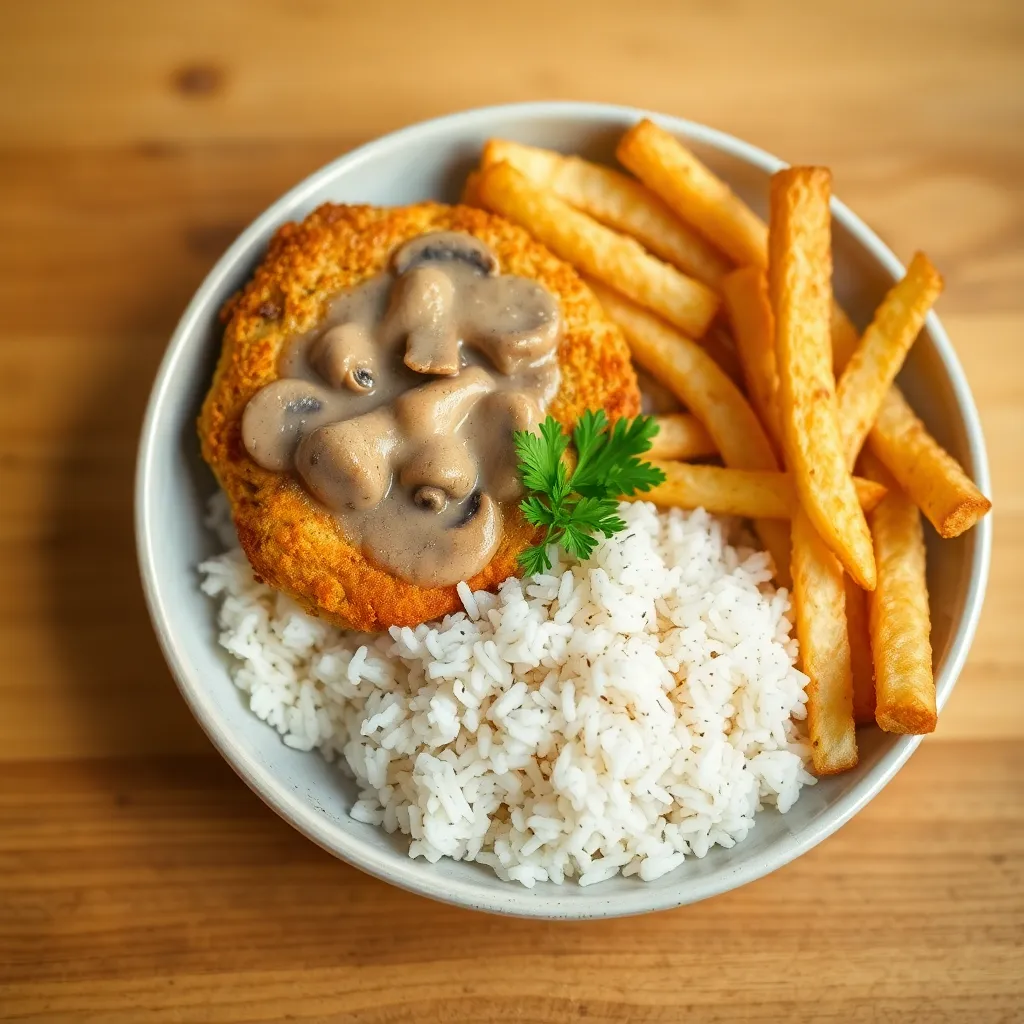 Recept - Vyprážané kuracie rezníky, šampiňónová omáčka, 1/2 ryža, 1/2 hranolky