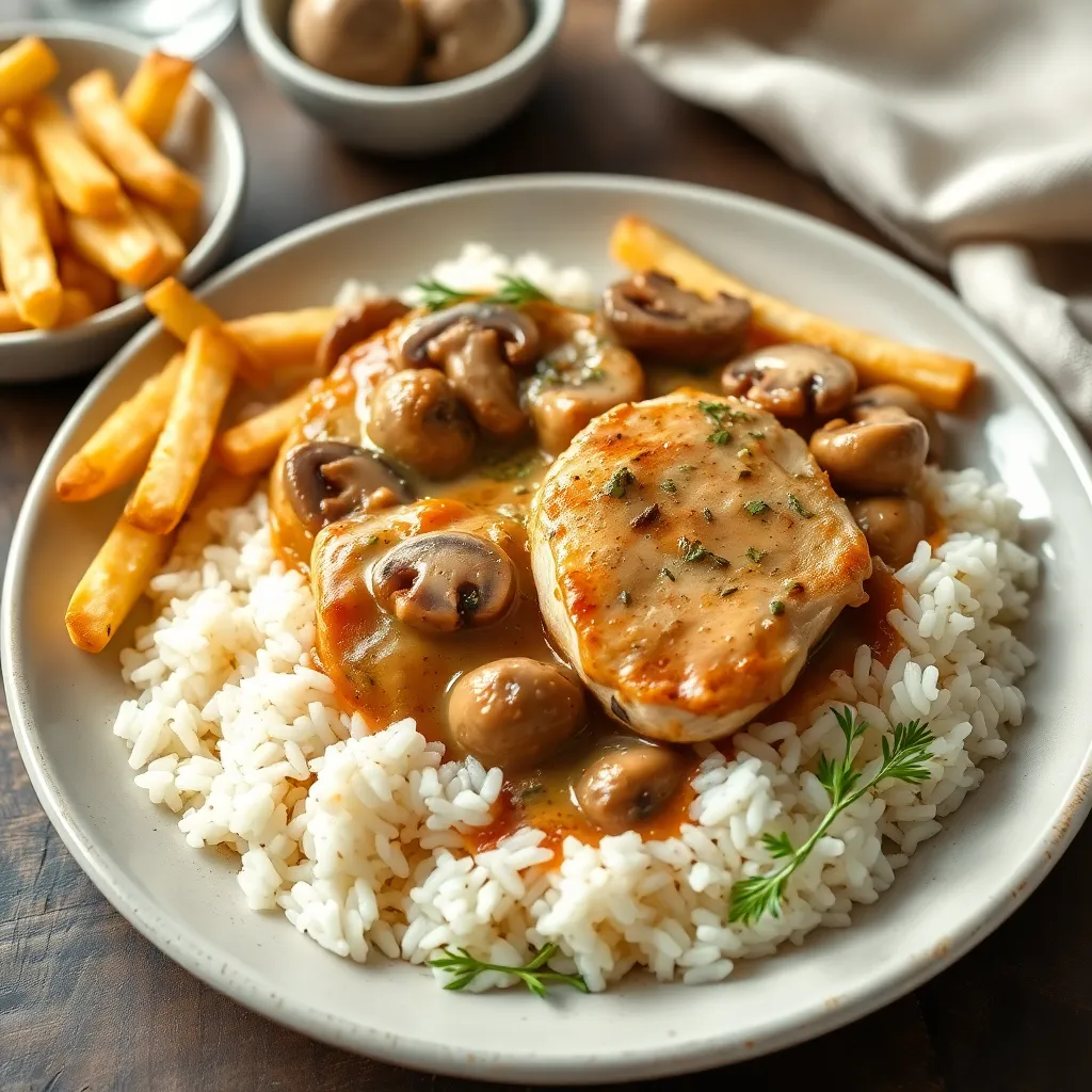 Recept - Kuracie medailónky na prírodnej šampiňónovej omáčke s ryžou a hranolkami