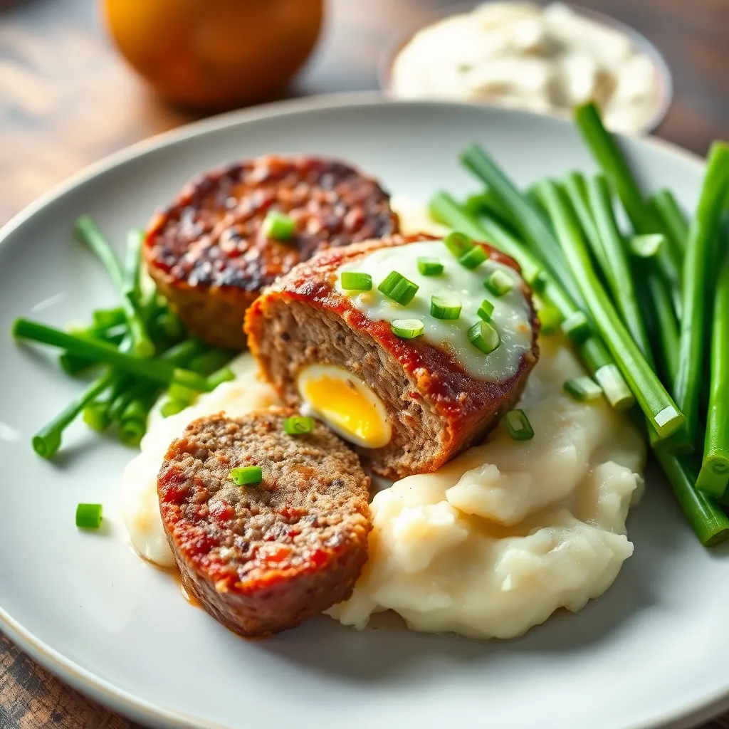 Recept - Pečená domáca sekaná plnená vajíčkom na zemiakovom prívarku posypaná viedenskou cibuľkou
