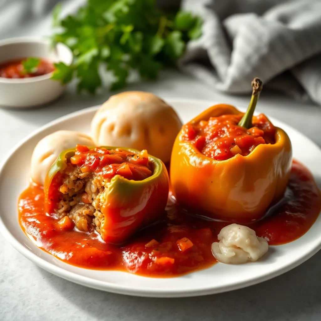Recept - Plnená paprika, knedľa, rajčinová omáčka, Paprika plnená zmesou mäsa, ryže a korenín v jemnej rajčinovej omáčke podávaná s knedľou 150g/150g
