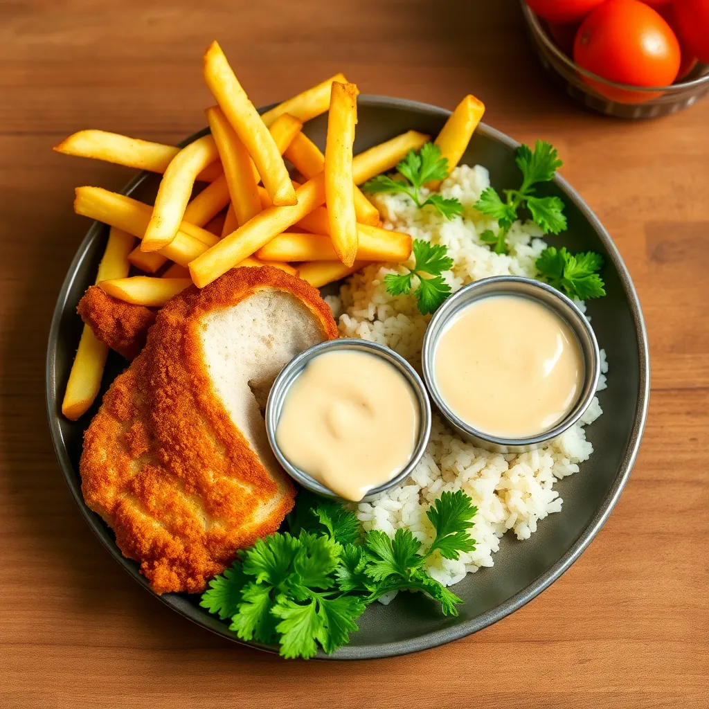 Recept - Vyprážaný bravčový Gordon Bleu, 1/2 ryža, 1/2 hranolky, domácí tatárska omáčka