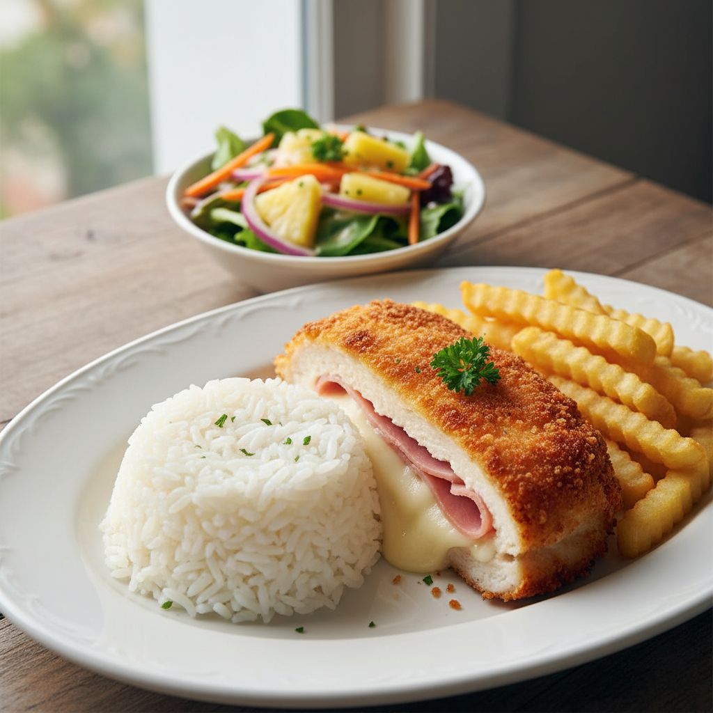 Recept - Kurací Cordon Bleu (Pražská šunka, syr) podávaná s ½ jazmínovou ryžou a ½ hranoky, šalát z mrkvy a ananasu