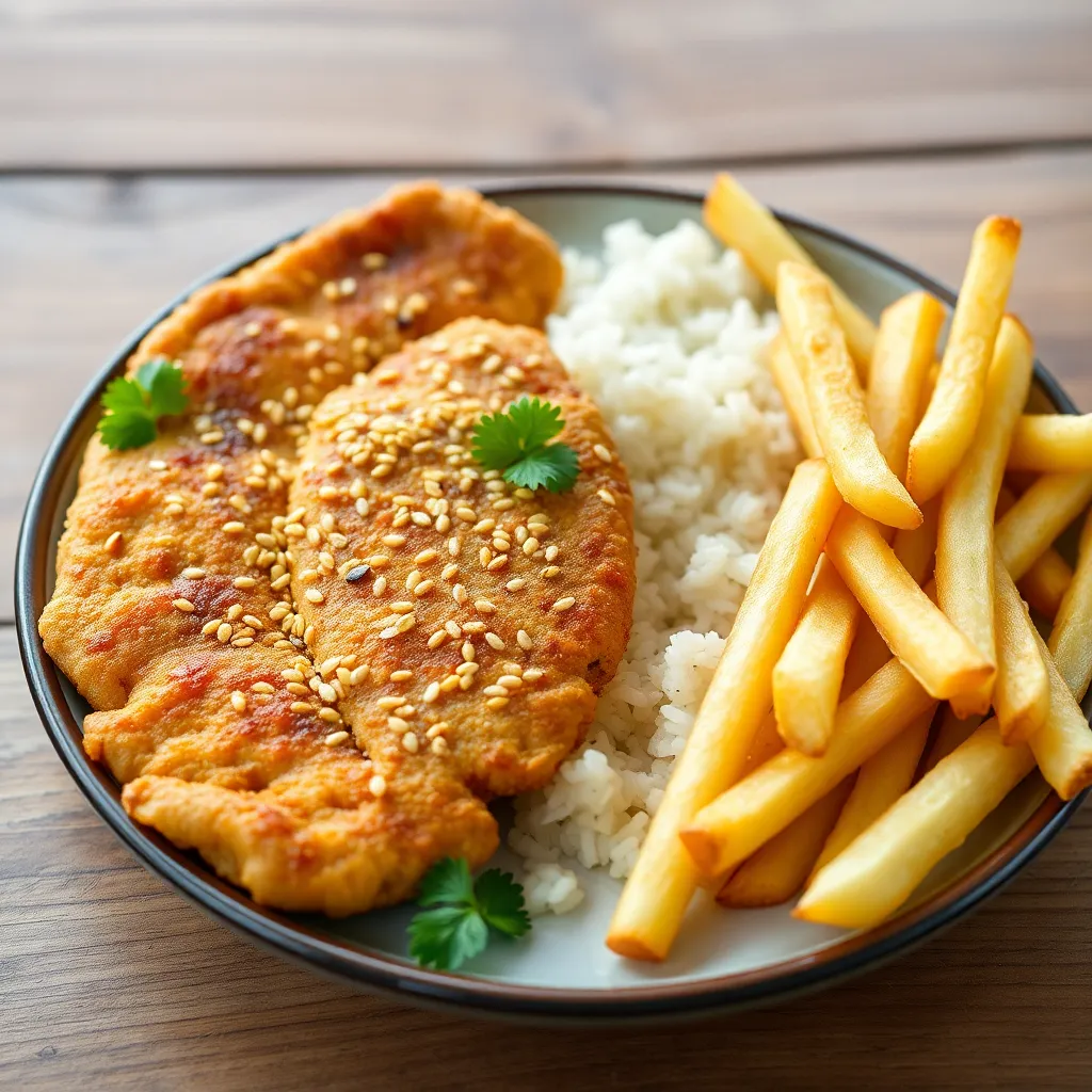 Recept - Sezamové bravčové rezeňky s ryžou a hranolkami