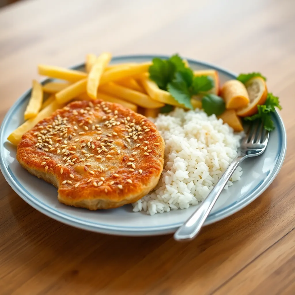 Recept - Vyprážané bravčové rezne v sezame s ryžou a hranolkami