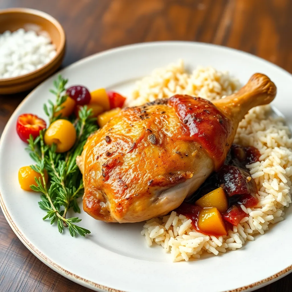 Recept - ¼ Pečeného kuraťa (stehno) s domácou plnkou a jazmínovou ryžou, miešaný ovocný kompót