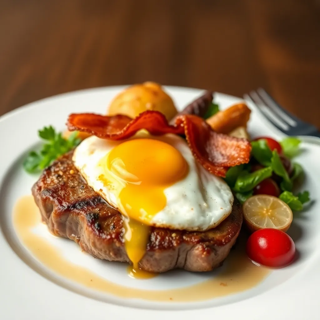 Bravčový steak so slaninkou a volským okom, podávaný s opek. zemiakmi, šalát