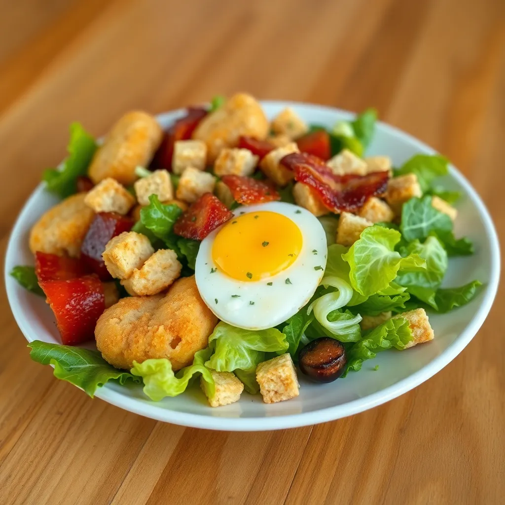 Ceasar šalát s kuracími nugetkami, vajíčkom, slaninkou a krutónmi, bylinkový dressing