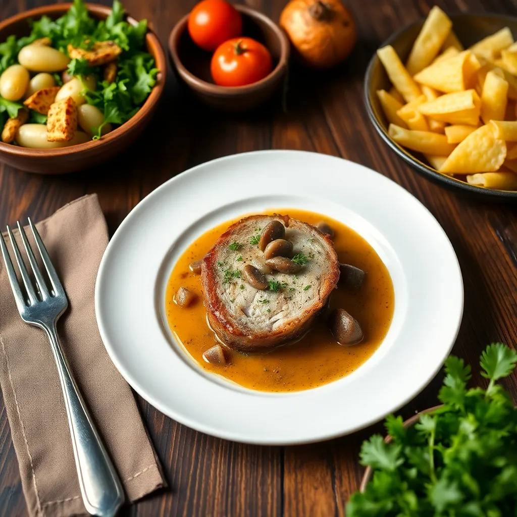 Recept - Pečená bravčová krkovička na dubákovej omáčke s opekanými zemiakmi a šalátom