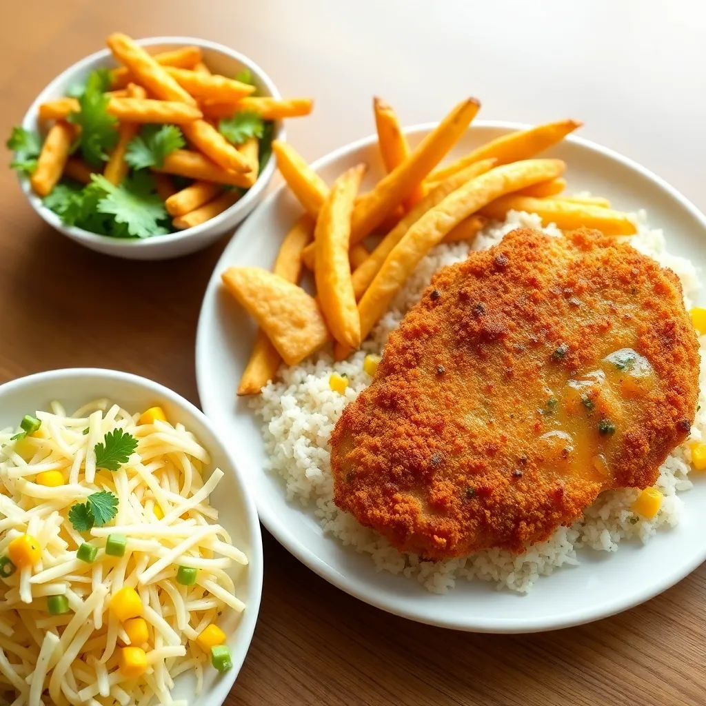 Recept - Kurací Cordon blue vyprážaný v Panko strúhanke podávané s ½ hranolkami a ½ jazmínovou ryžou, šalát z čínskej kapusty, manga a kukurice