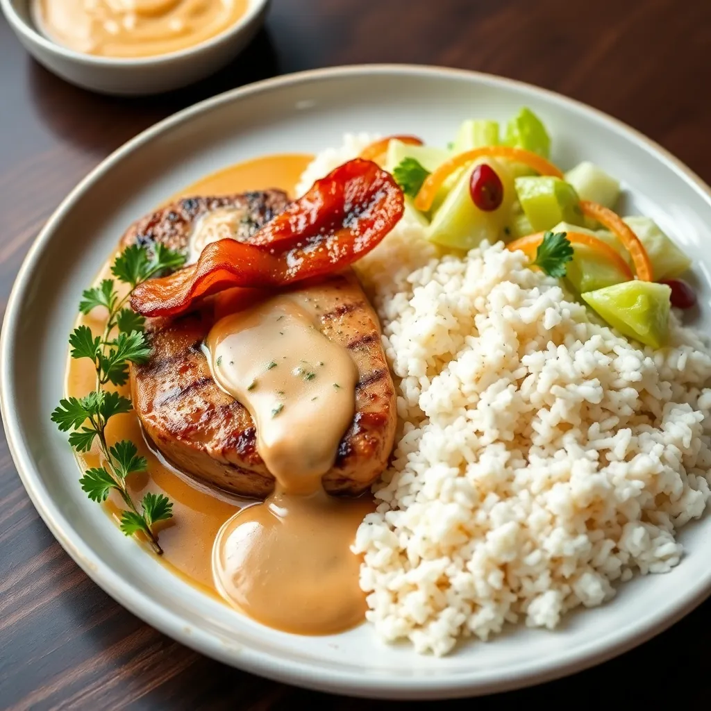 Kurací steak, marinovaný v čerstvých bylinkách, podávaný s praženou slaninkou, demi glace omáčke, jazmínová ryža, ľadový šalát miešaný s pomarančovým dressingom
