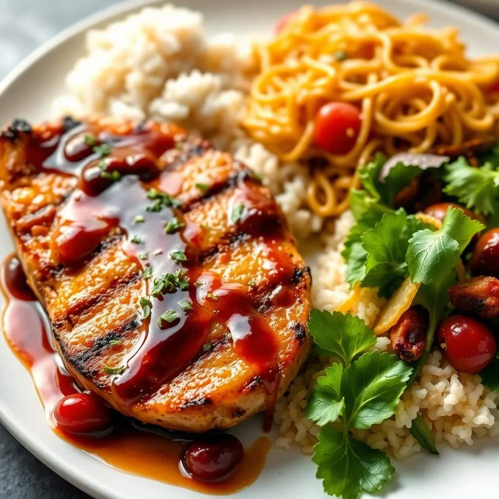 Kurací steak s enciánom a brusnicami preliata údenou BBQ omáčkou podávané s jazmínovou ryžou, šalát