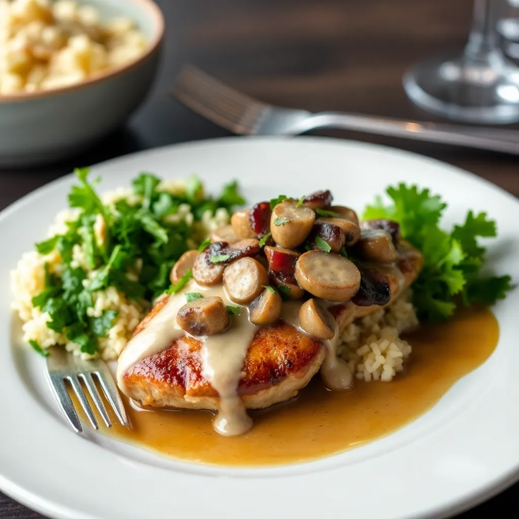 Recept - Kurací steak so slaninkou a marinovanými šampiónmi na gorgonzolovej omáčke s jazmínovou ryžou a šalátom