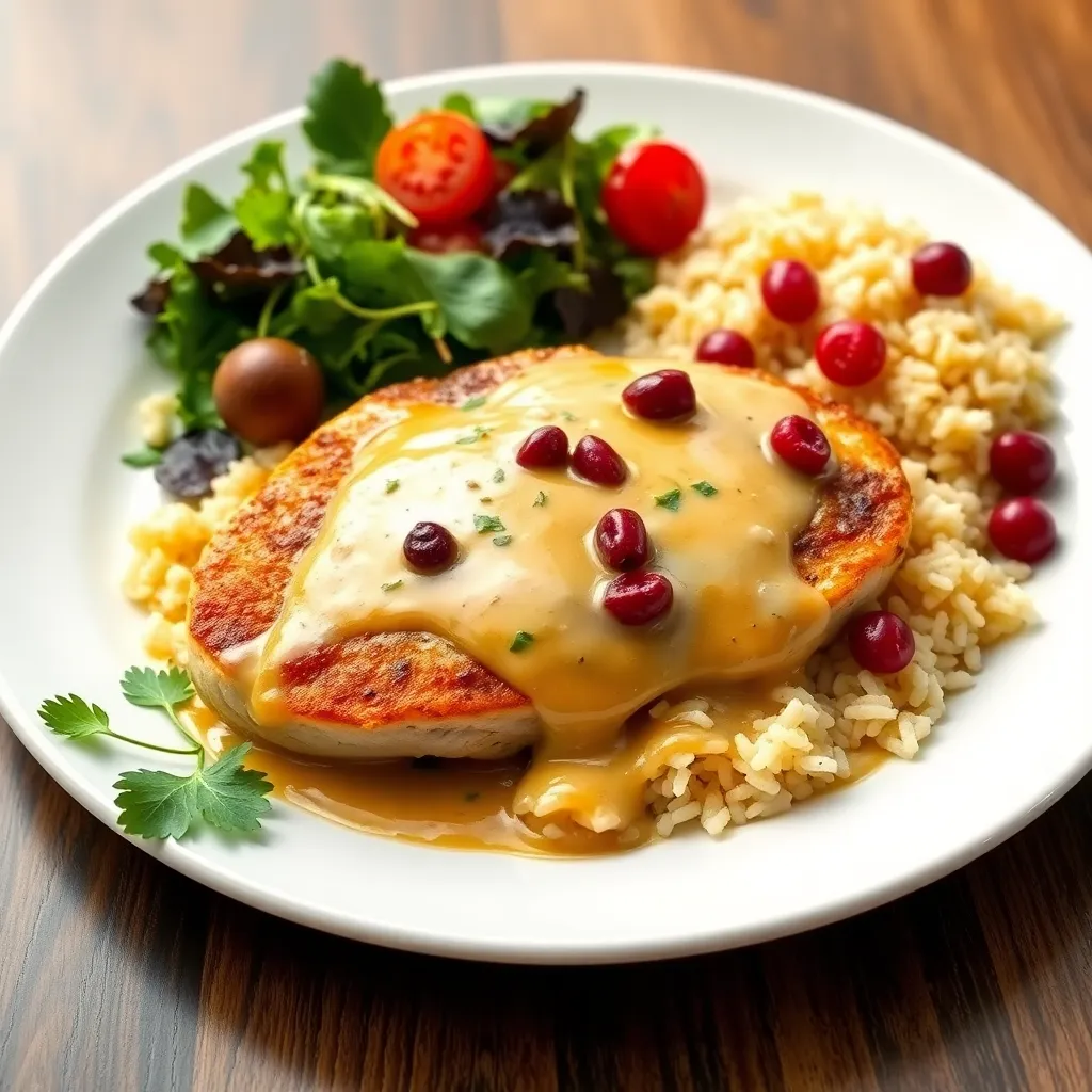 Recept - Kurací steak so zapečeným hermelínom a brusnicami, jemná smotanová omáčka, jazmínová ryža, šalátik