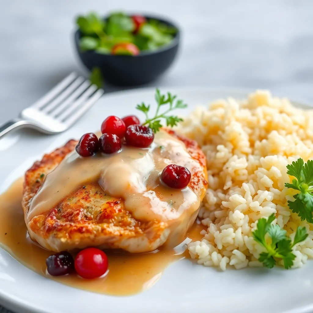 Kurací steak so zapečeným hermelínom a brusnicami, jemná smotanová omáčka, jazmínová ryža, šalátik