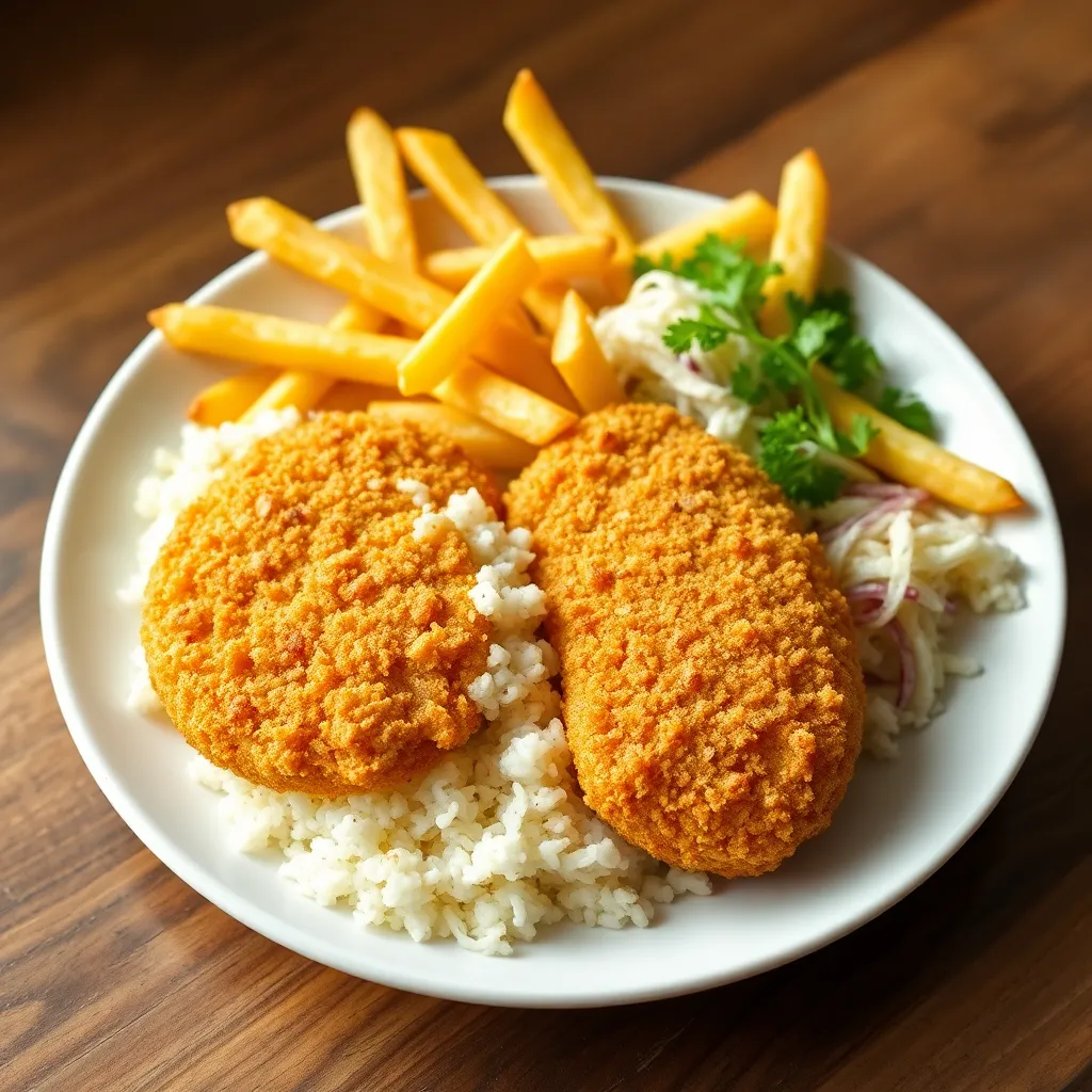 Kuracie rezníky obaľované v Corn flakes, ½ ryža, ½ hranolky, Coleslaw šalát
