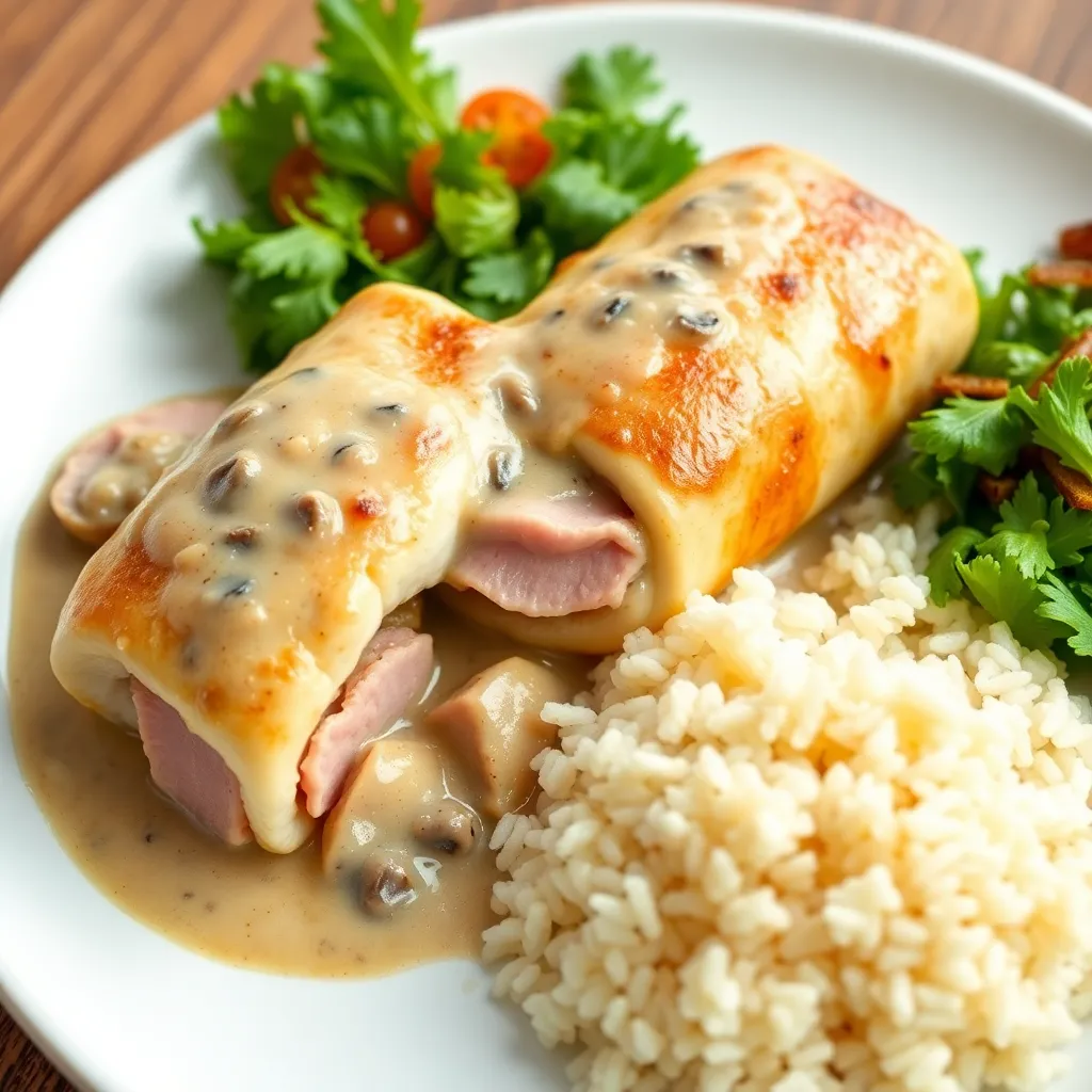 Recept - Kuracie roládky plnené šunkou a taveným syrom na krémovej šampiňónovej omáčke podávané s jazmínovou ryžou, šalát