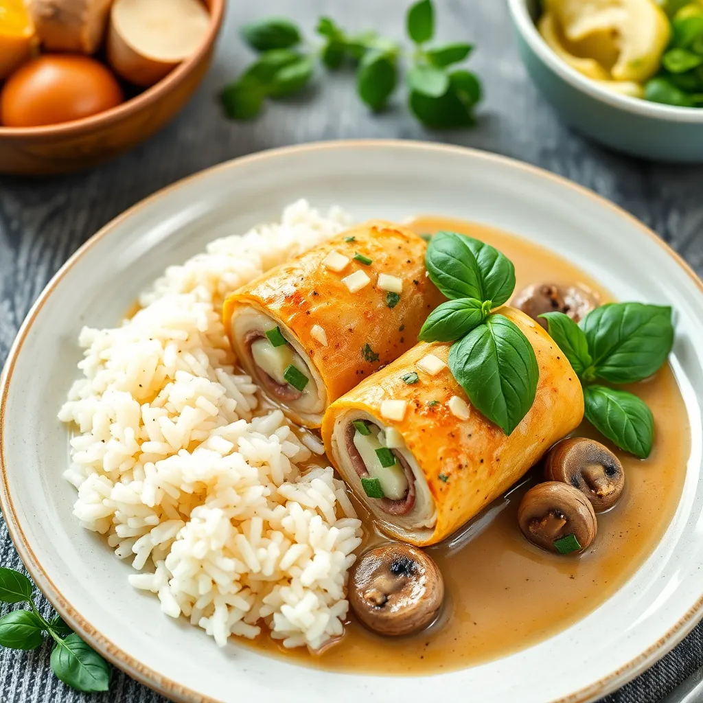 Recept - Kuracie roládky plnené šunkou, taveným syrom a bazalkou na prírodnej omáčke so šampiónmi, podávaná s jazmínovou ryžou