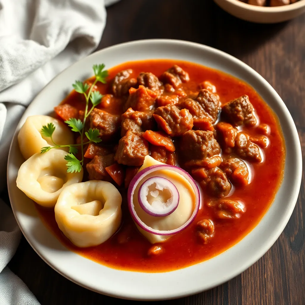 Recept - Maďarský guláš z br mäska s karlovarskou knedľou, červená cibuľka