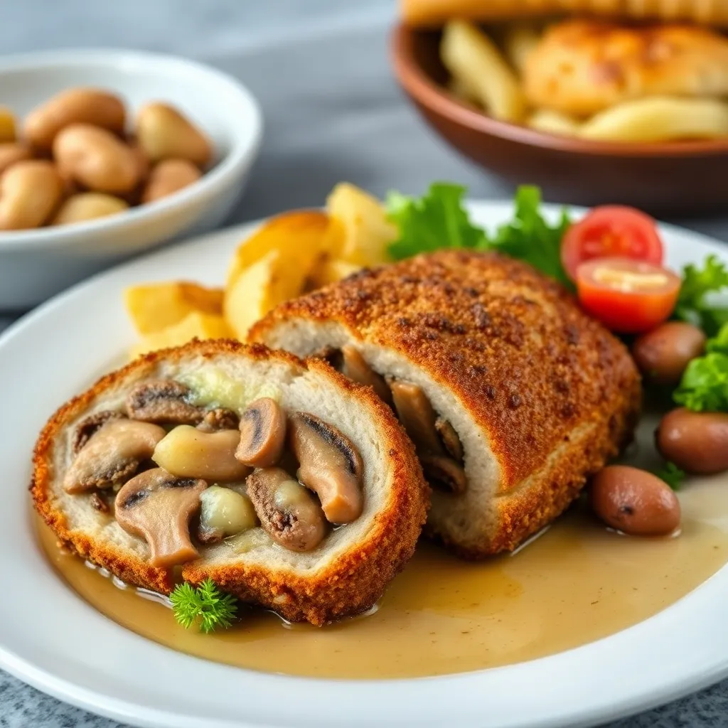 Recept - Pastiersky rezeň (plnené karé údeným mäsom, šampiňónmi a syrom) s opekanými zemiakmi a šalátom