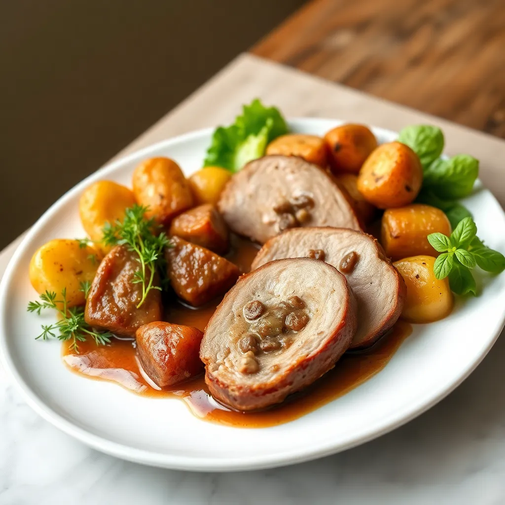 Pečená br. panenka Prestige (plnená klobáskovým mäskom) na demi glace omáčke podávaná s pečenými baby zemiačikmi, šalát