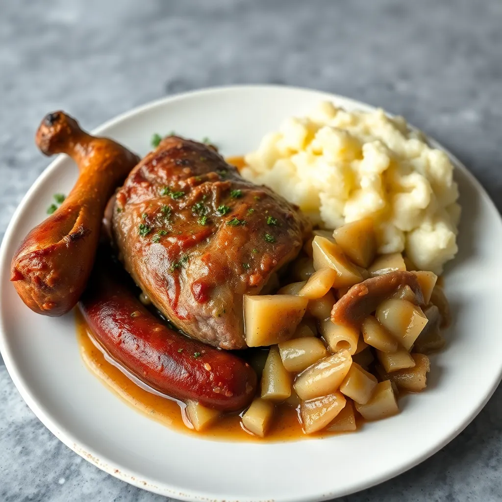 Recept - Pečené bravčové koleno na bavorský spôsob, ½ domácej jaternice, pučené zemiaky, kyslá kapusta omáčka z výpeku