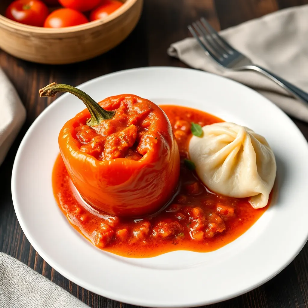 Plnená paprika na domácej rajčinovej omáčke podávaná domácou parenou knedľou