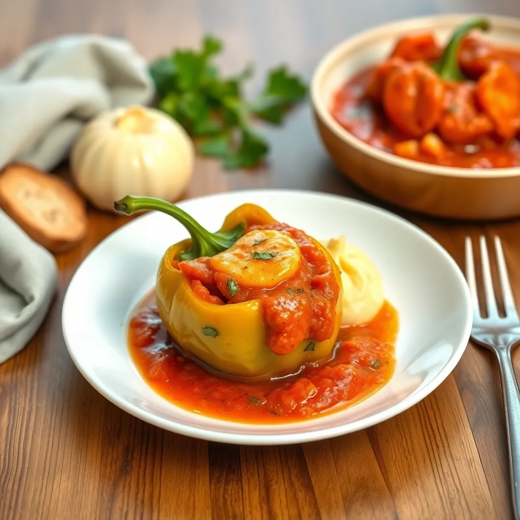 Plnená paprika na rajčinovej omáčke podávaná s domácou parenou knedľou