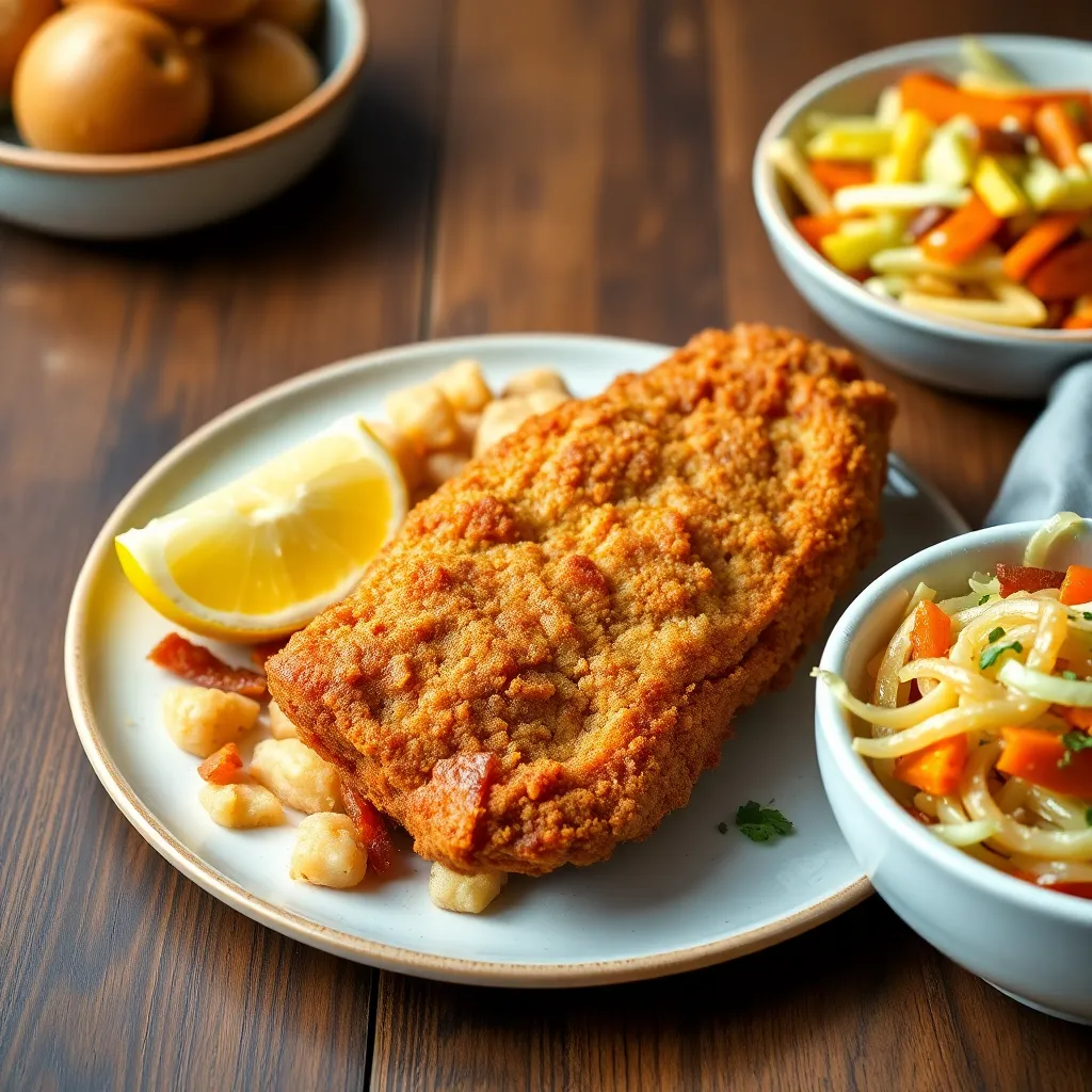 Pravý bravčový Wienerschnitzel s citrónom so sedliackymi zemiakmi so slaninkou a domácou čalamádou