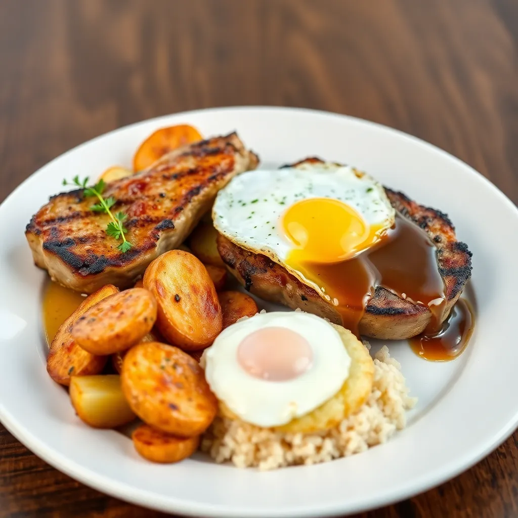 Prekladané steaky 1x kurací steak ,1x br. steak, zem. placka, volské oko podávaná s ½ opekanými zemiačikmi ½ jazm. ryža, preliata demi glace omáčkou