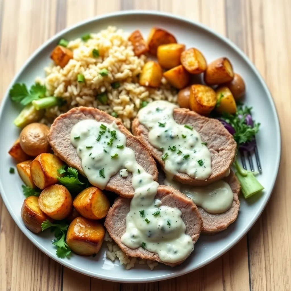 Recept - Šťavnaté medailónky z br. panenky podliate gorgonzolovou omáčkou, podávané s ½ jazmínovou ryžou a ½ opekanými zemiačikmi, šalátik