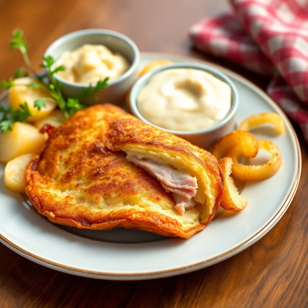 Vyprážaná plnená palacinka (šunka, syr) s varenými zemiačikmi a domácou T.O