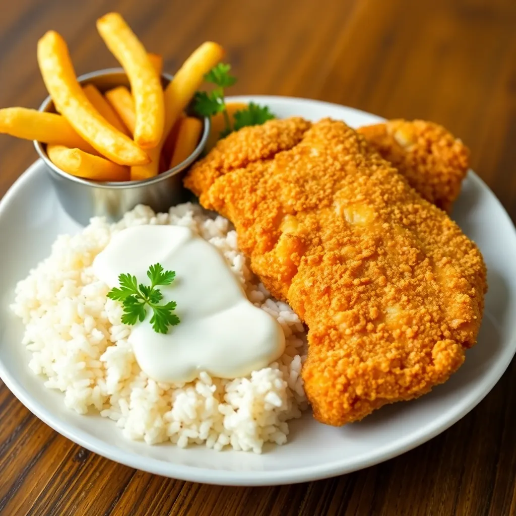 Recept - Vyprážané kuracie rezníky obaľované v Panko strúhanke, podávané s ½ jazmínovou ryžou a ½ hranolkami, domáca T.O.