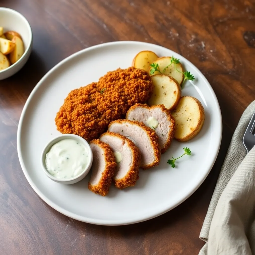 Recept - Vyprážané medailóniky z br. panenky v Panko strúhanke, opekané zemiakové plátky, bylinkový dip